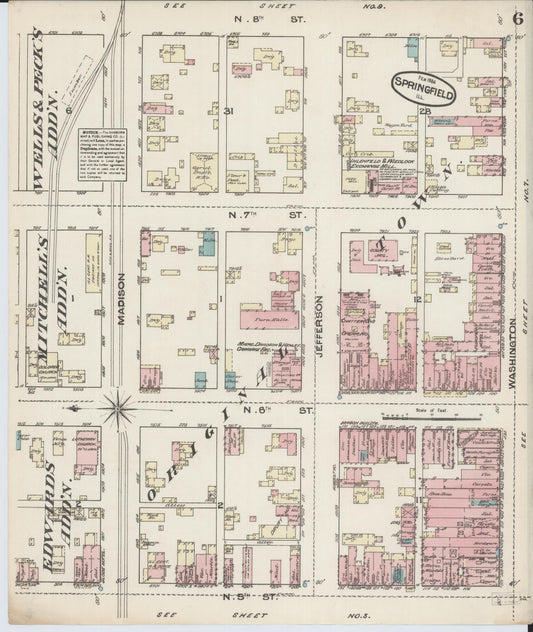 Sanborn Fire Insurance Map from Springfield, Sangamon County, Illinois (1884), Sheet #0006 - Historic Sanborn Fire Insurance Map Print, vintage old map wall art, antique decor, genealogy gift, Illinois Illinois map