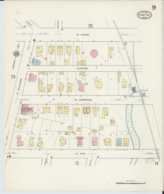 Sanborn Fire Insurance Map from Pontiac, Oakland County, Michigan (1915), Sheet #0009 - Historic Sanborn Fire Insurance Map Print, vintage old map wall art, antique decor, genealogy gift, Michigan Michigan map