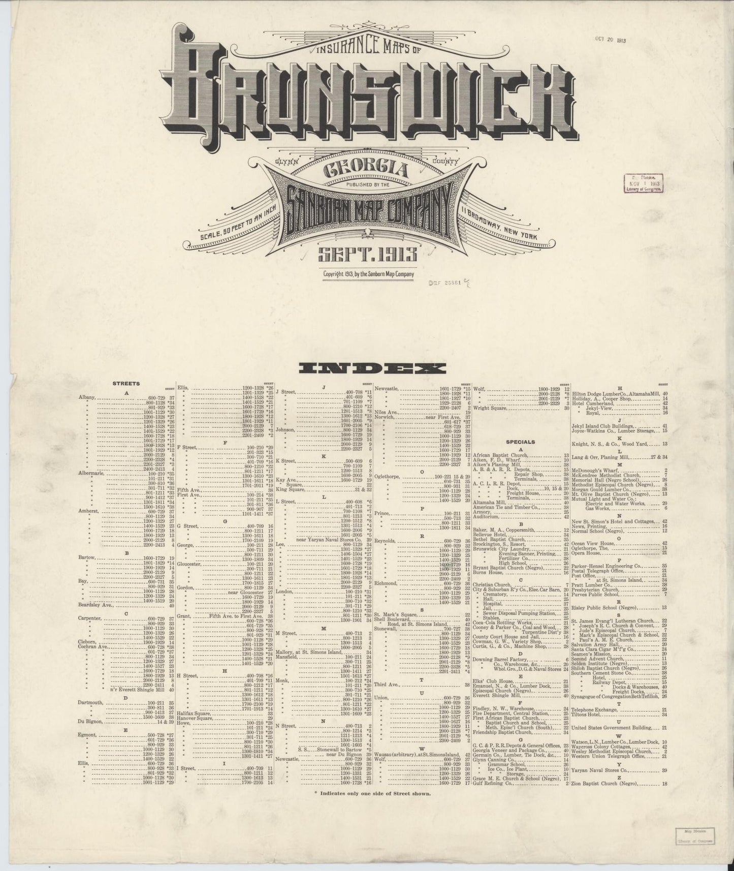 Sanborn Fire Insurance Map from Brunswick, Glynn County, Georgia (1913), Sheet #0001 - Historic Sanborn Fire Insurance Map Print, vintage old map wall art, antique decor, genealogy gift, Georgia Georgia map