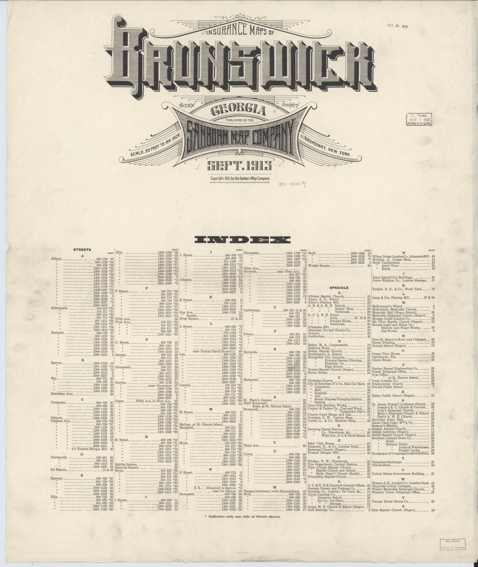 Sanborn Fire Insurance Map from Brunswick, Glynn County, Georgia (1913), Sheet #0001 - Historic Sanborn Fire Insurance Map Print, vintage old map wall art, antique decor, genealogy gift, Georgia Georgia map