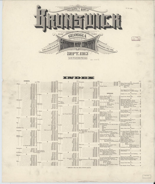Sanborn Fire Insurance Map from Brunswick, Glynn County, Georgia (1913), Sheet #0001 - Historic Sanborn Fire Insurance Map Print, vintage old map wall art, antique decor, genealogy gift, Georgia Georgia map