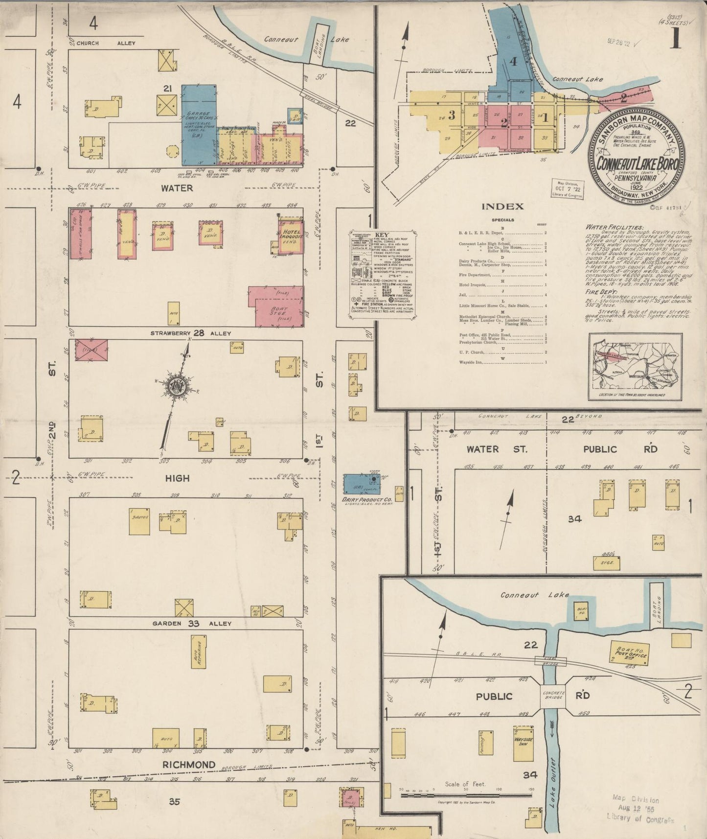 Sanborn Fire Insurance Map from Conneaut Lake Borough, Crawford County, Pennsylvania (1922), Sheet #0001 - Historic Sanborn Fire Insurance Map Print, vintage old map wall art, antique decor, genealogy gift, Pennsylvania Pennsylvania map