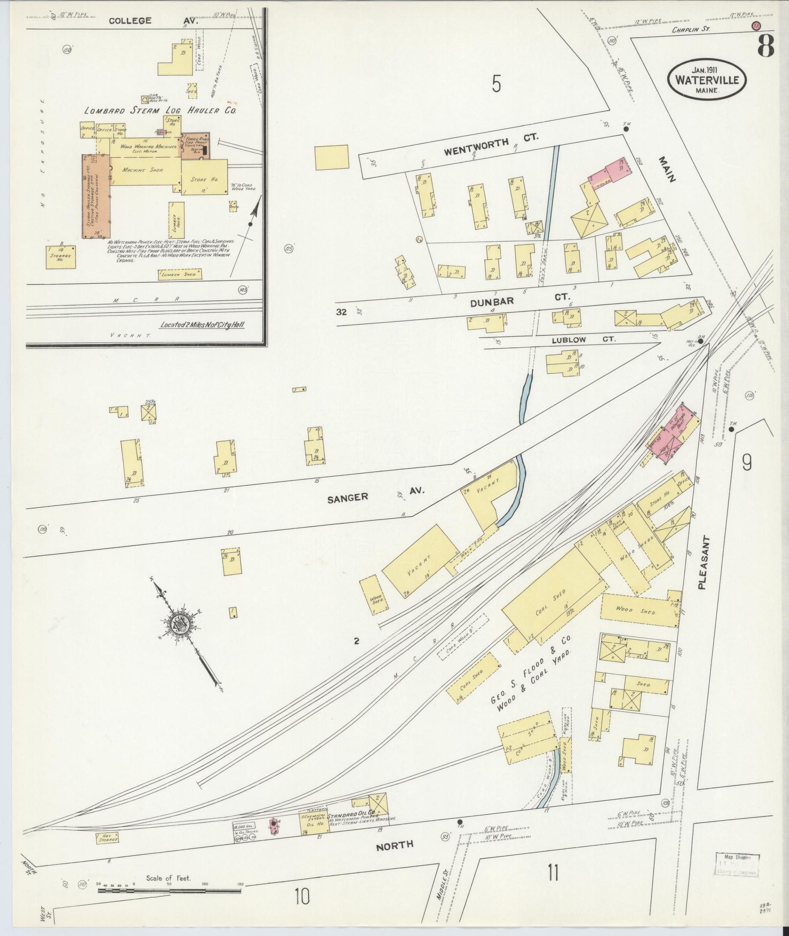 Sanborn Fire Insurance Map from Waterville, Kennebec County, Maine (1911), Sheet #0008 - Historic Sanborn Fire Insurance Map Print, vintage old map wall art, antique decor, genealogy gift, Maine Maine map