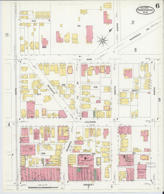 Sanborn Fire Insurance Map from Parkersburg, Wood County, West Virginia (1909), Sheet #0006 - Historic Sanborn Fire Insurance Map Print, vintage old map wall art, antique decor, genealogy gift, West Virginia West Virginia map