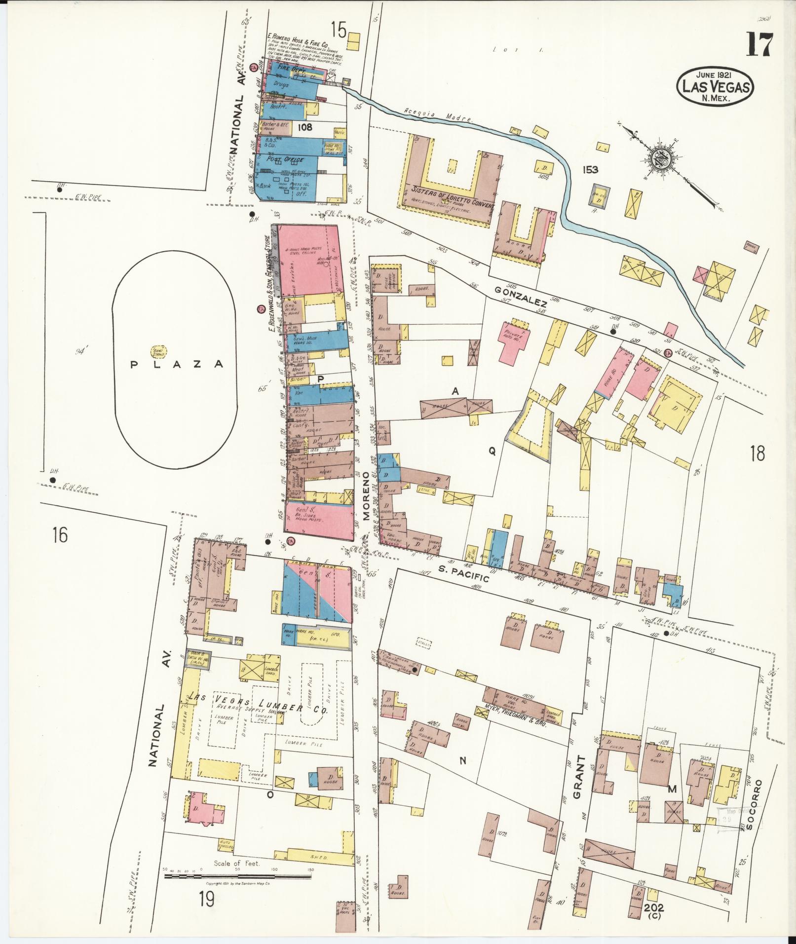 Sanborn Fire Insurance Map from Las Vegas, San Miguel County, New Mexico (1921), Sheet #0017 - Historic Sanborn Fire Insurance Map Print, vintage old map wall art, antique decor, genealogy gift, New Mexico New Mexico map