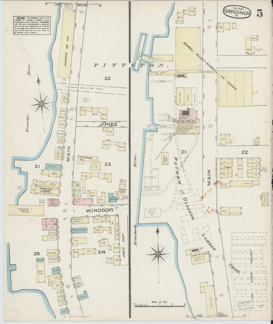 Sanborn Fire Insurance Map from Gardiner, Kennebec County, Maine (1884), Sheet #0005 - Historic Sanborn Fire Insurance Map Print, vintage old map wall art, antique decor, genealogy gift, Maine Maine map