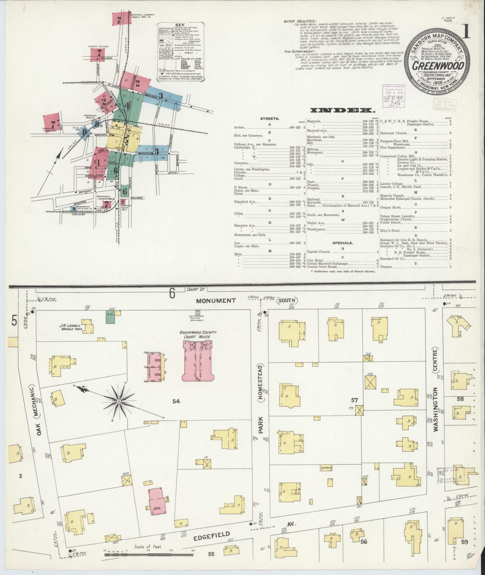 Sanborn Fire Insurance Map from Greenwood, Greenwood County, South Carolina (1908), Sheet #0001 - Complete Map Set gallery image, historic Sanborn map, vintage wall art, South Carolina South Carolina