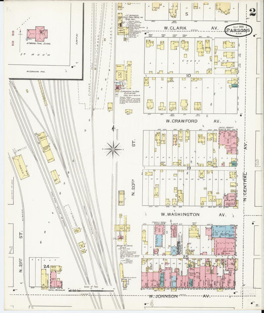 Sanborn Fire Insurance Map from Parsons, Labette County, Kansas (1893), Sheet #0002 - Historic Sanborn Fire Insurance Map Print, vintage old map wall art, antique decor, genealogy gift, Kansas Kansas map