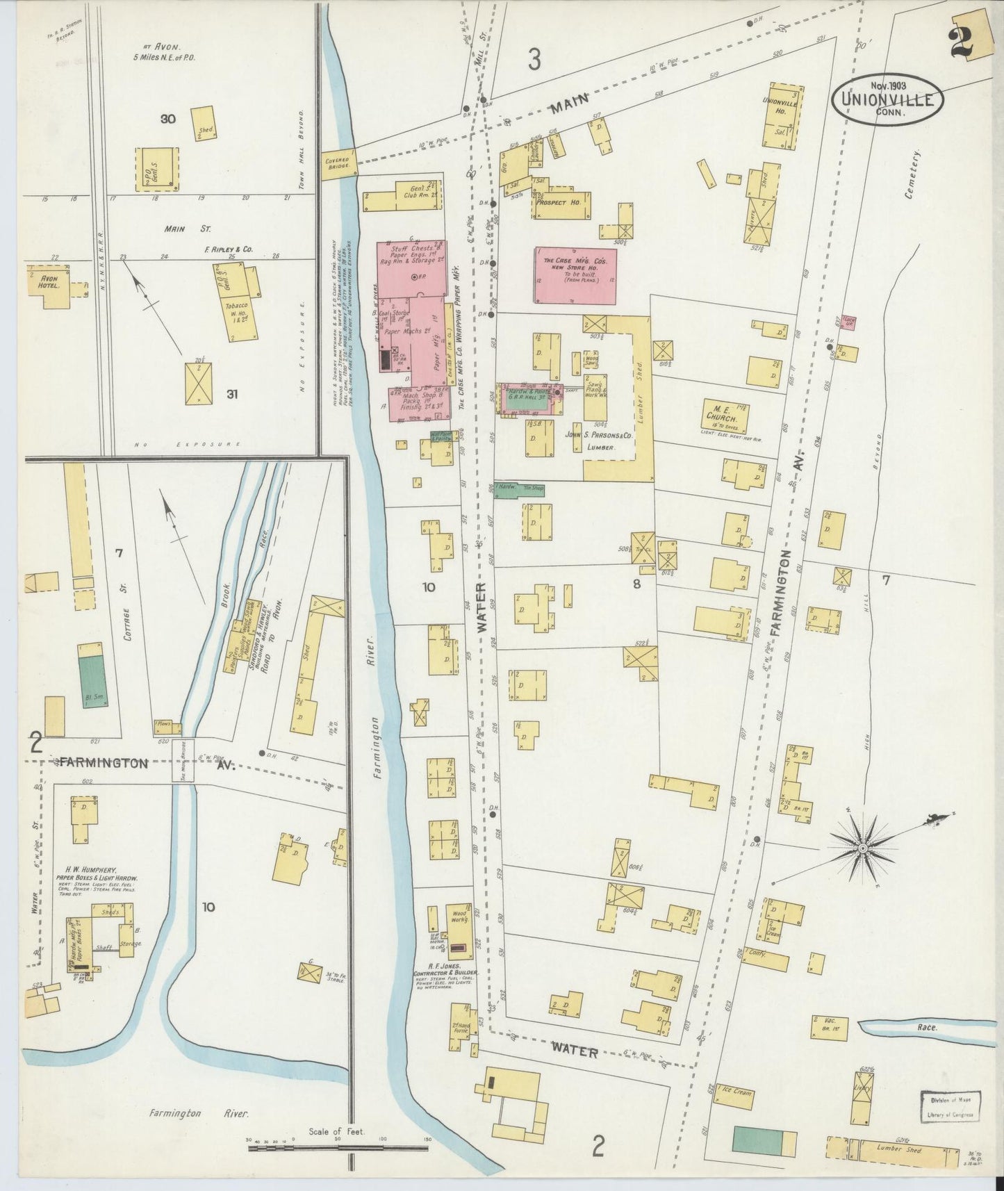 Sanborn Fire Insurance Map from Unionville, Hartford County, Connecticut (1903), Sheet #0002 - Historic Sanborn Fire Insurance Map Print, vintage old map wall art, antique decor, genealogy gift, Connecticut Connecticut map