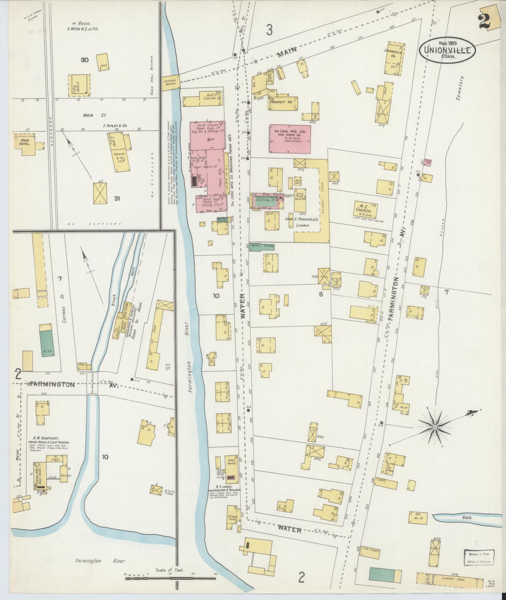Sanborn Fire Insurance Map from Unionville, Hartford County, Connecticut (1903), Sheet #0002 - Historic Sanborn Fire Insurance Map Print, vintage old map wall art, antique decor, genealogy gift, Connecticut Connecticut map