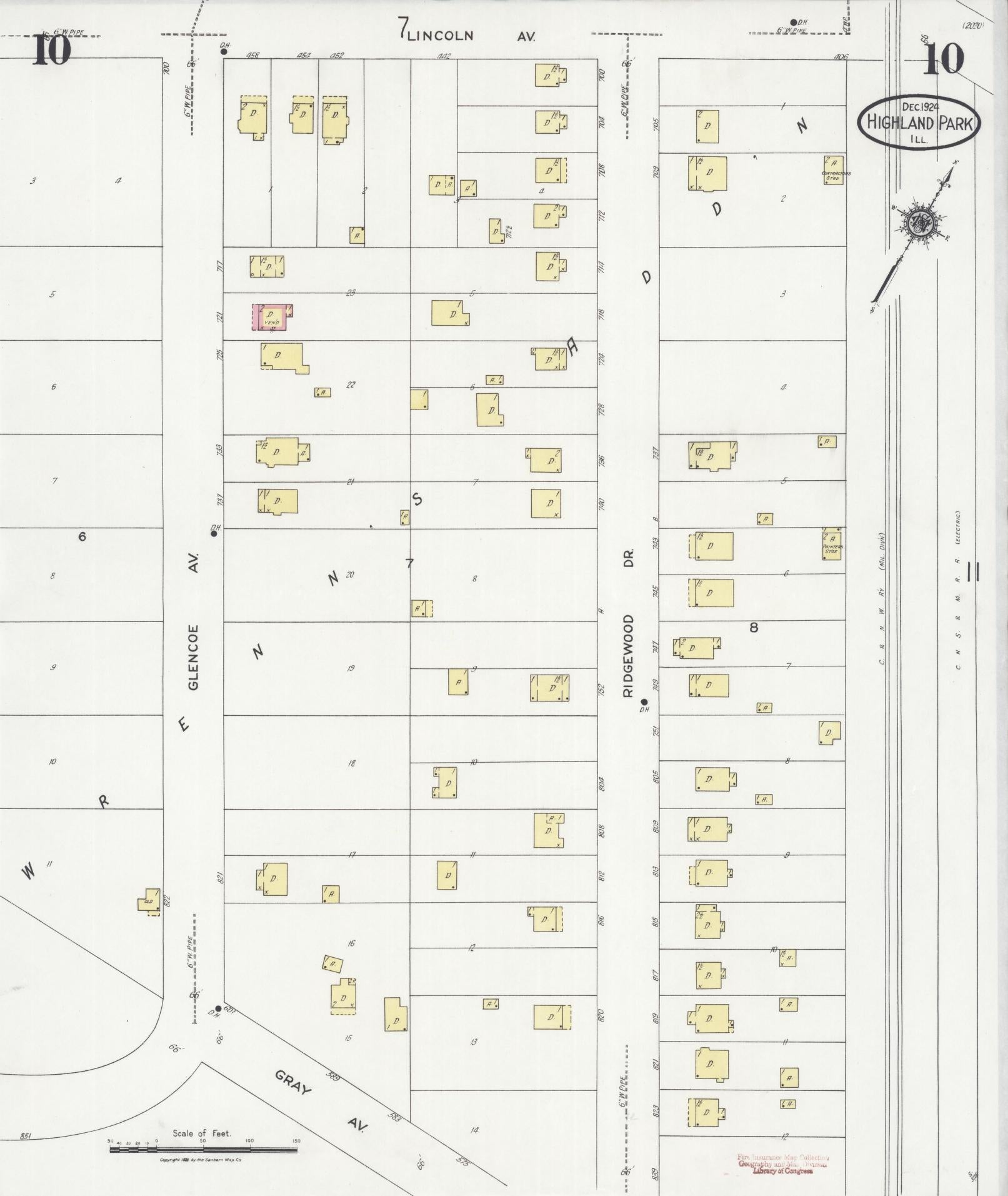 Sanborn Fire Insurance Map from Highland Park, Lake County, Illinois (1924), Sheet #0010 - Historic Sanborn Fire Insurance Map Print, vintage old map wall art, antique decor, genealogy gift, Illinois Illinois map