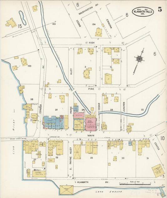 Sanborn Fire Insurance Map from Klamath Falls, Klamath County, Oregon (1911), Sheet #0005 - Historic Sanborn Fire Insurance Map Print, vintage old map wall art, antique decor, genealogy gift, Oregon Oregon map