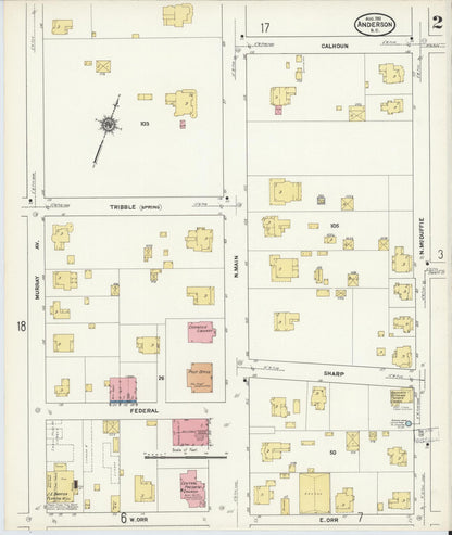 Sanborn Fire Insurance Map from Anderson, Anderson County, South Carolina (1911), Sheet #0002 - Complete Map Set gallery image, historic Sanborn map, vintage wall art, South Carolina South Carolina