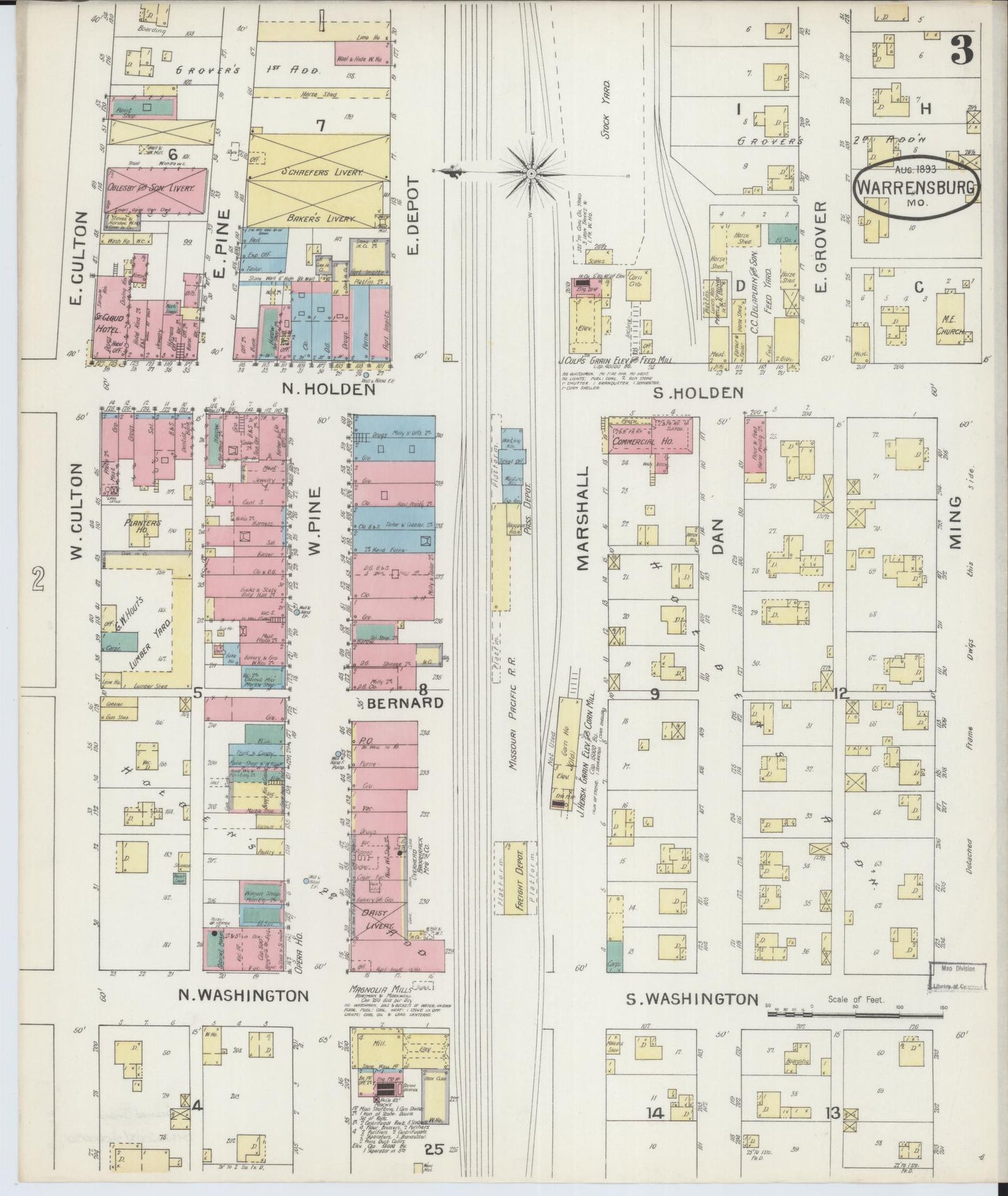 Sanborn Fire Insurance Map from Warrensburg, Johnson County, Missouri (1893), Sheet #0003 - Complete Map Set gallery image, historic Sanborn map, vintage wall art, Missouri Missouri