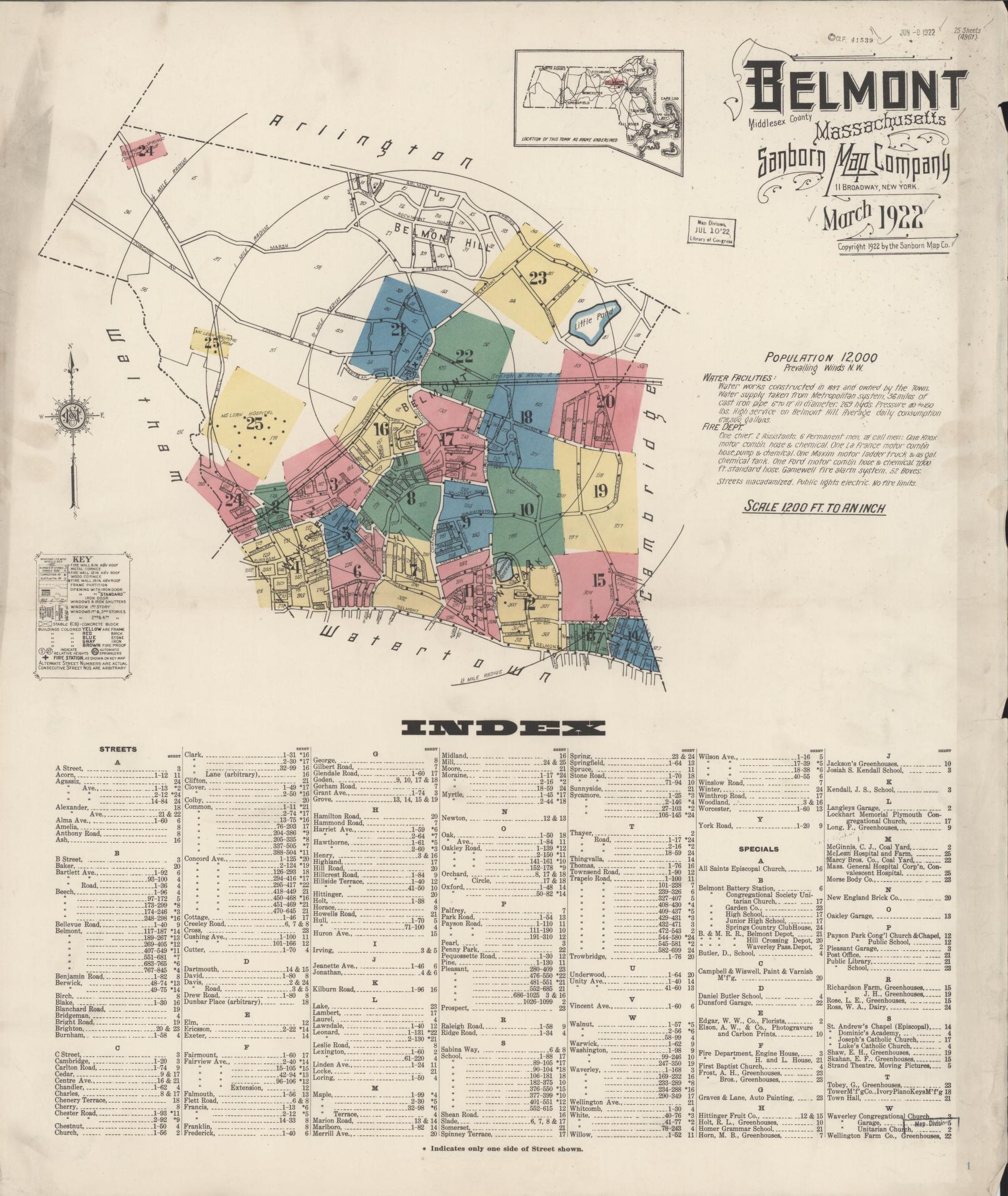 Sanborn Fire Insurance Map from Belmont, Middlesex County, Massachusetts (1922), Sheet #0001 - Historic Sanborn Fire Insurance Map Print, vintage old map wall art, antique decor, genealogy gift, Massachusetts Massachusetts map