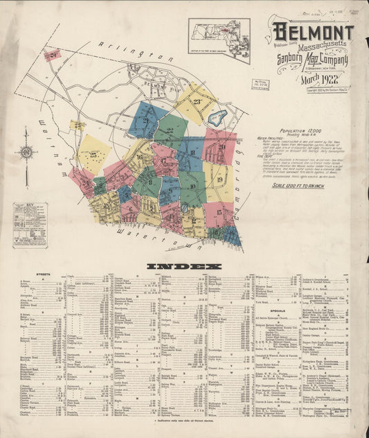 Sanborn Fire Insurance Map from Belmont, Middlesex County, Massachusetts (1922), Sheet #0001 - Historic Sanborn Fire Insurance Map Print, vintage old map wall art, antique decor, genealogy gift, Massachusetts Massachusetts map