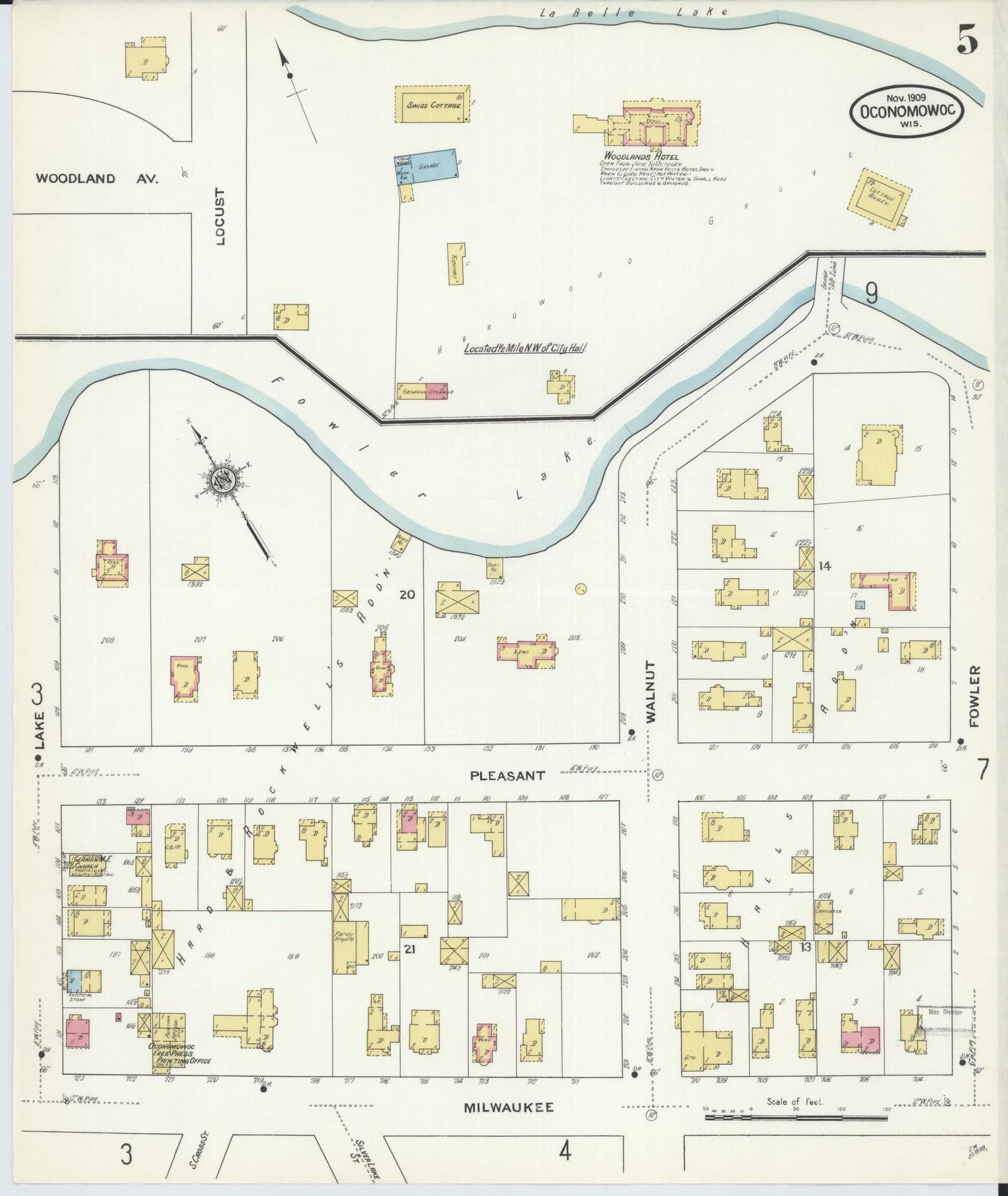 Sanborn Fire Insurance Map from Oconomowoc, Waukesha County, Wisconsin (1909), Sheet #0005 - Complete Map Set gallery image, historic Sanborn map, vintage wall art, Wisconsin Wisconsin