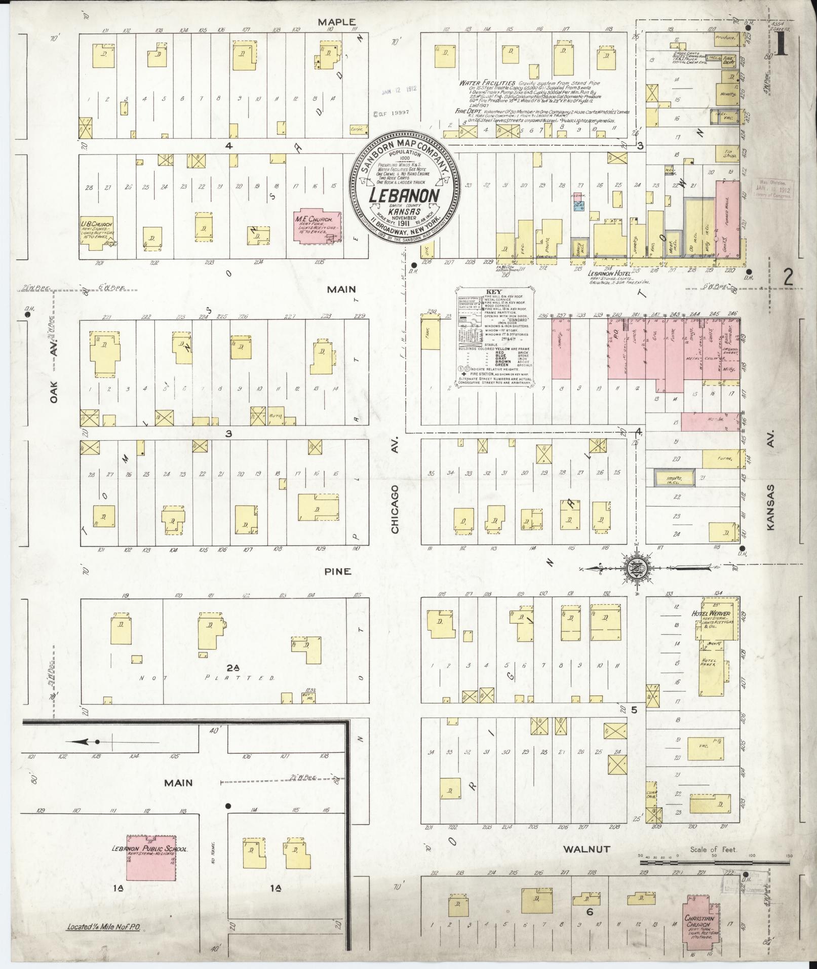 Sanborn Fire Insurance Map from Lebanon, Smith County, Kansas (1911), Sheet #0001 - Historic Sanborn Fire Insurance Map Print, vintage old map wall art, antique decor, genealogy gift, Kansas Kansas map