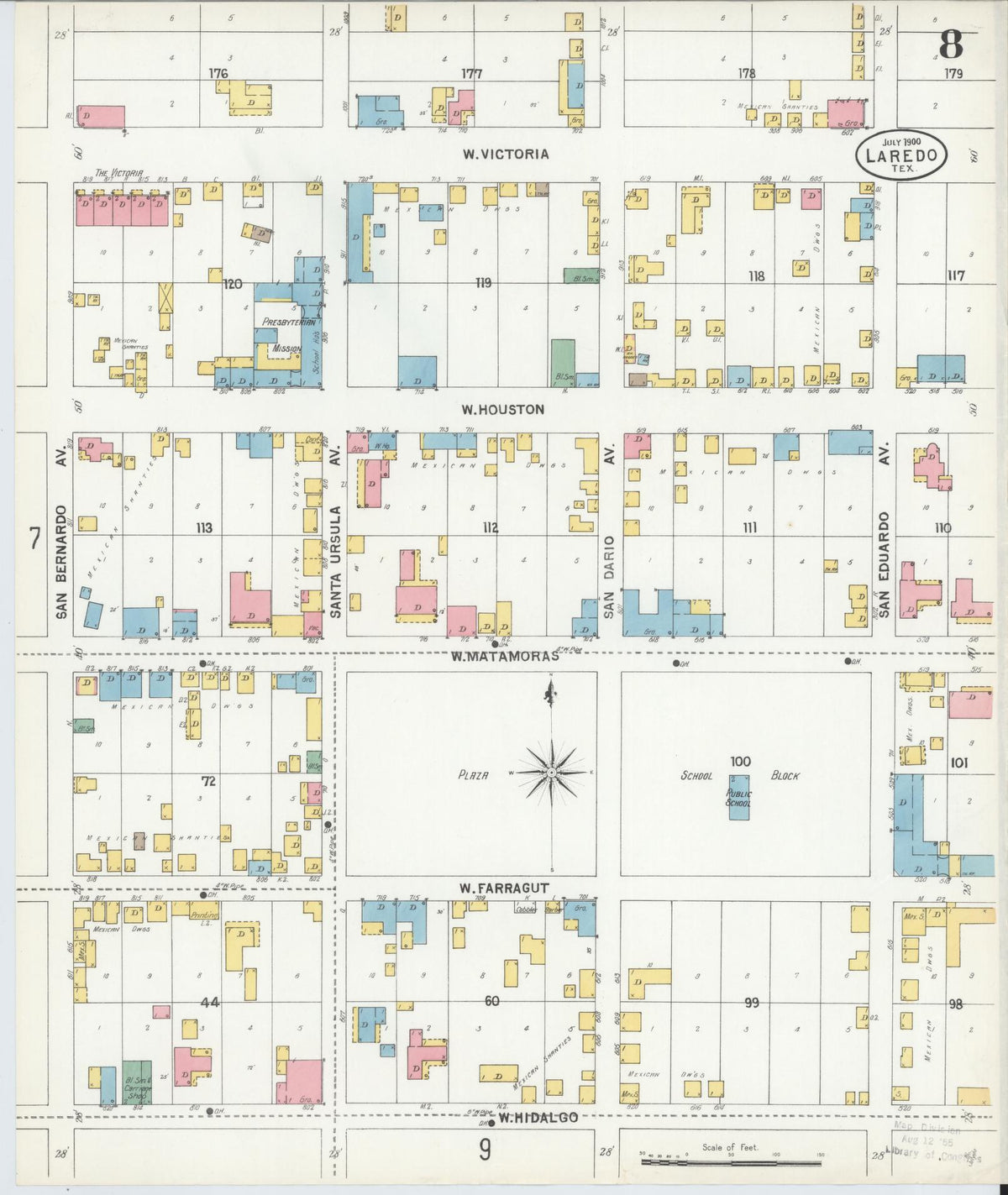 Sanborn Fire Insurance Map from Laredo, Webb County, Texas (1900), Sheet #0008 - Complete Map Set gallery image, historic Sanborn map, vintage wall art, Texas Texas