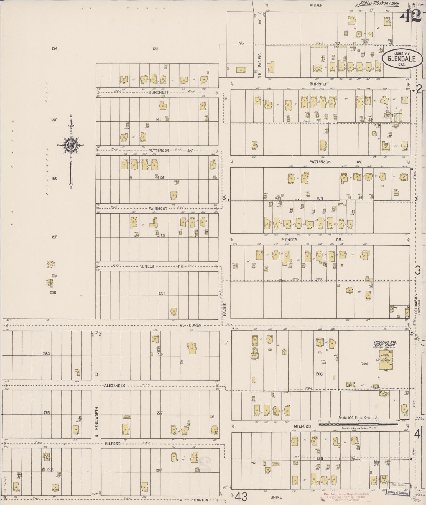 Sanborn Fire Insurance Map from Glendale, Los Angeles County, California (1919), Sheet #0042 - Historic Sanborn Fire Insurance Map Print, vintage old map wall art, antique decor, genealogy gift, California California map