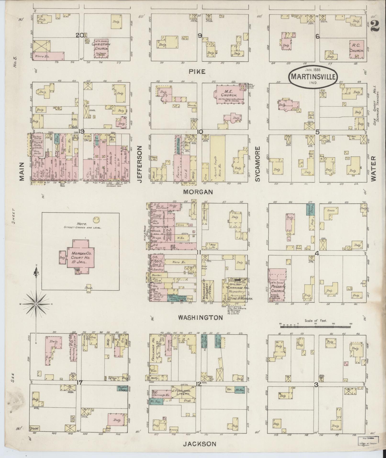 Sanborn Fire Insurance Map from Martinsville, Morgan County, Indiana (1888), Sheet #0002 - Complete Map Set gallery image, historic Sanborn map, vintage wall art, Indiana Indiana