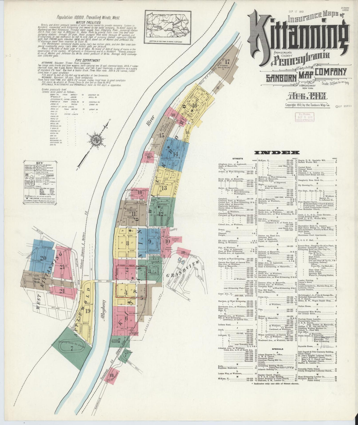 Sanborn Fire Insurance Map from Kittanning, Armstrong County, Pennsylvania (1913), Sheet #0001 - Historic Sanborn Fire Insurance Map Print, vintage old map wall art, antique decor, genealogy gift, Pennsylvania Pennsylvania map