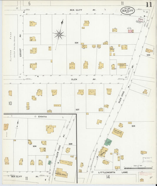 Sanborn Fire Insurance Map from Sea Cliff, Nassau County, New York (1908), Sheet #0011 - Historic Sanborn Fire Insurance Map Print, vintage old map wall art, antique decor, genealogy gift, New York New York map