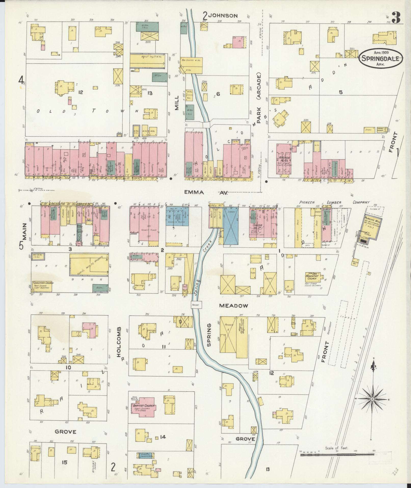 Sanborn Fire Insurance Map from Springdale, Washington County, Arkansas (1909), Sheet #0003 - Historic Sanborn Fire Insurance Map Print, vintage old map wall art, antique decor, genealogy gift, Arkansas Arkansas map