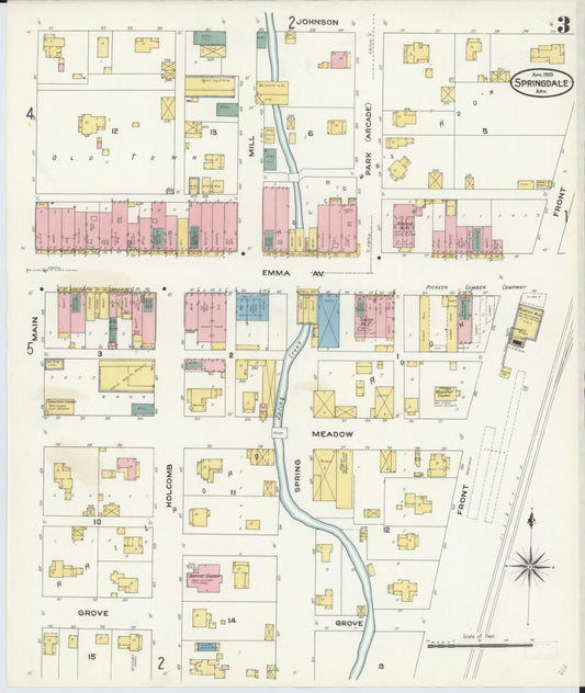 Sanborn Fire Insurance Map from Springdale, Washington County, Arkansas (1909), Sheet #0003 - Historic Sanborn Fire Insurance Map Print, vintage old map wall art, antique decor, genealogy gift, Arkansas Arkansas map