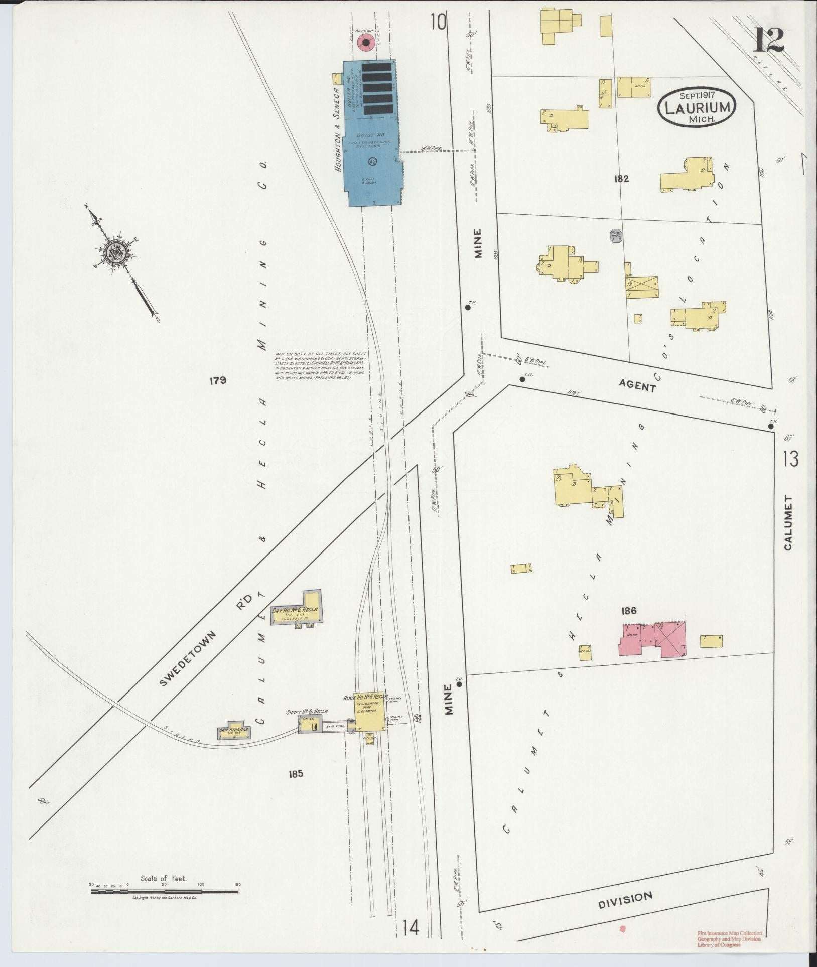 Sanborn Fire Insurance Map from Laurium, Houghton County, Michigan (1917), Sheet #0012 - Complete Map Set gallery image, historic Sanborn map, vintage wall art, Michigan Michigan
