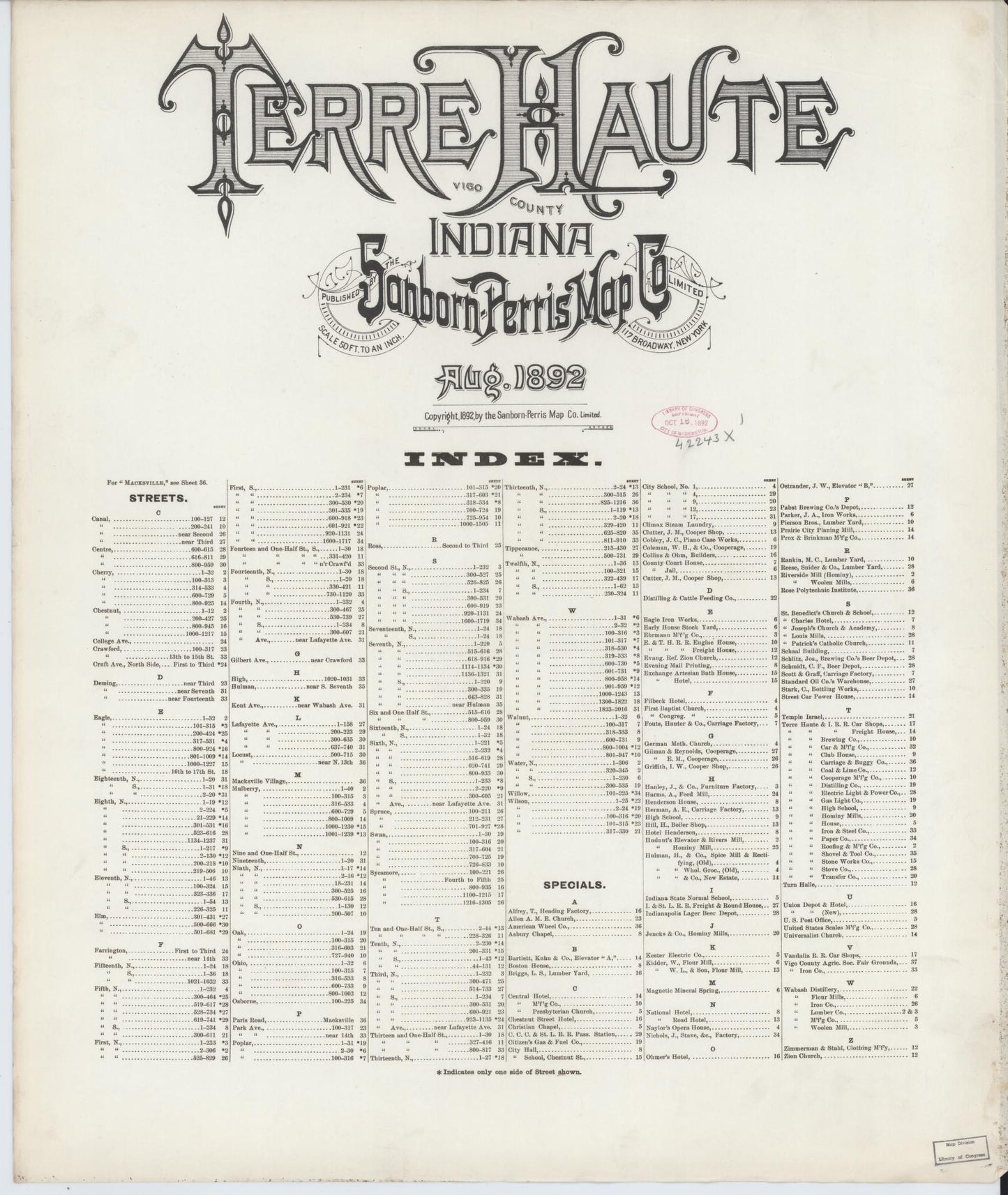 Sanborn Fire Insurance Map from Terre Haute, Vigo County, Indiana. (1892) – Historic Sanborn Fire Insurance Map Print