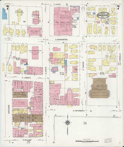 Sanborn Fire Insurance Map from Ann Arbor, Washtenaw County, Michigan (1925), Sheet #0007 - Historic Sanborn Fire Insurance Map Print, vintage old map wall art, antique decor, genealogy gift, Michigan Michigan map