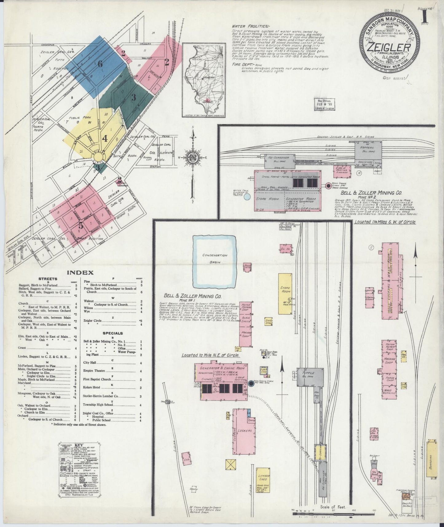 Sanborn Fire Insurance Map from Zeigler, Franklin County, Illinois (1921), Sheet #0001 - Historic Sanborn Fire Insurance Map Print, vintage old map wall art, antique decor, genealogy gift, Illinois Illinois map