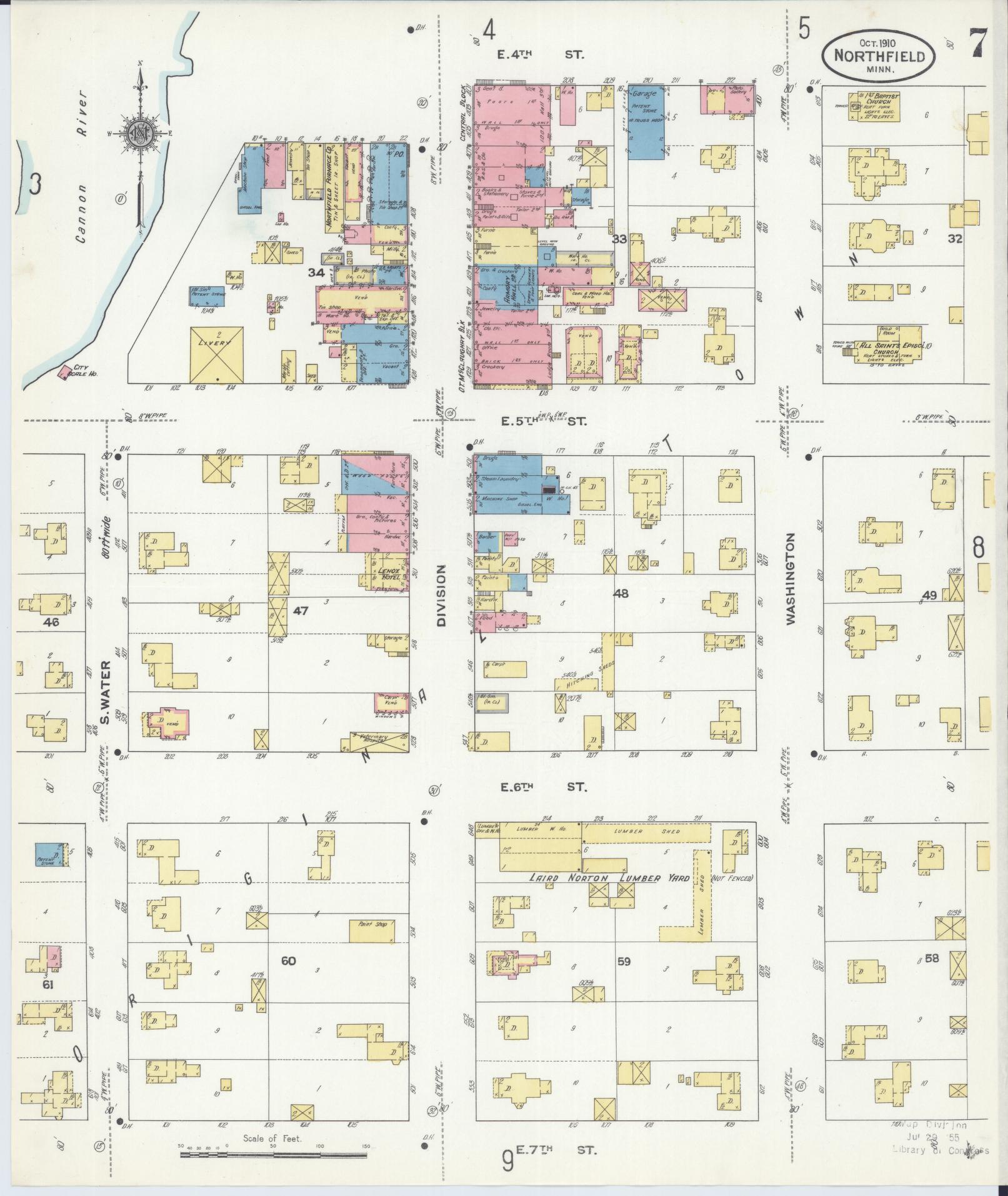 Sanborn Fire Insurance Map from Northfield, Rice County, Minnesota (1910), Sheet #0007 - Historic Sanborn Fire Insurance Map Print, vintage old map wall art, antique decor, genealogy gift, Minnesota Minnesota map