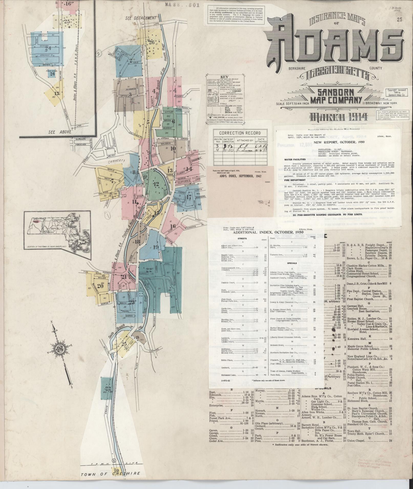 Sanborn Fire Insurance Map from Adams, Berkshire County, Massachusetts (1950), Sheet #0001 - Historic Sanborn Fire Insurance Map Print, vintage old map wall art, antique decor, genealogy gift, Massachusetts Massachusetts map