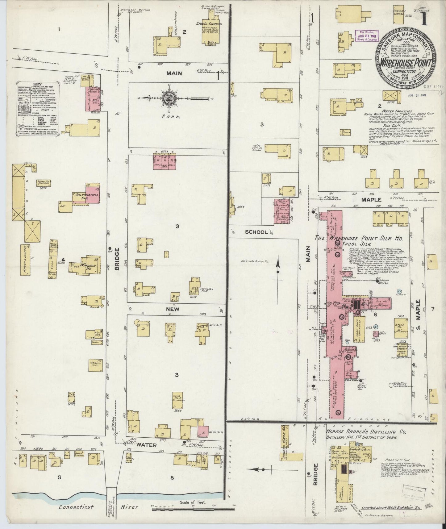 Sanborn Fire Insurance Map from Warehouse Point, Hartford County, Connecticut (1911), Sheet #0001 - Complete Map Set gallery image, historic Sanborn map, vintage wall art, Connecticut Connecticut