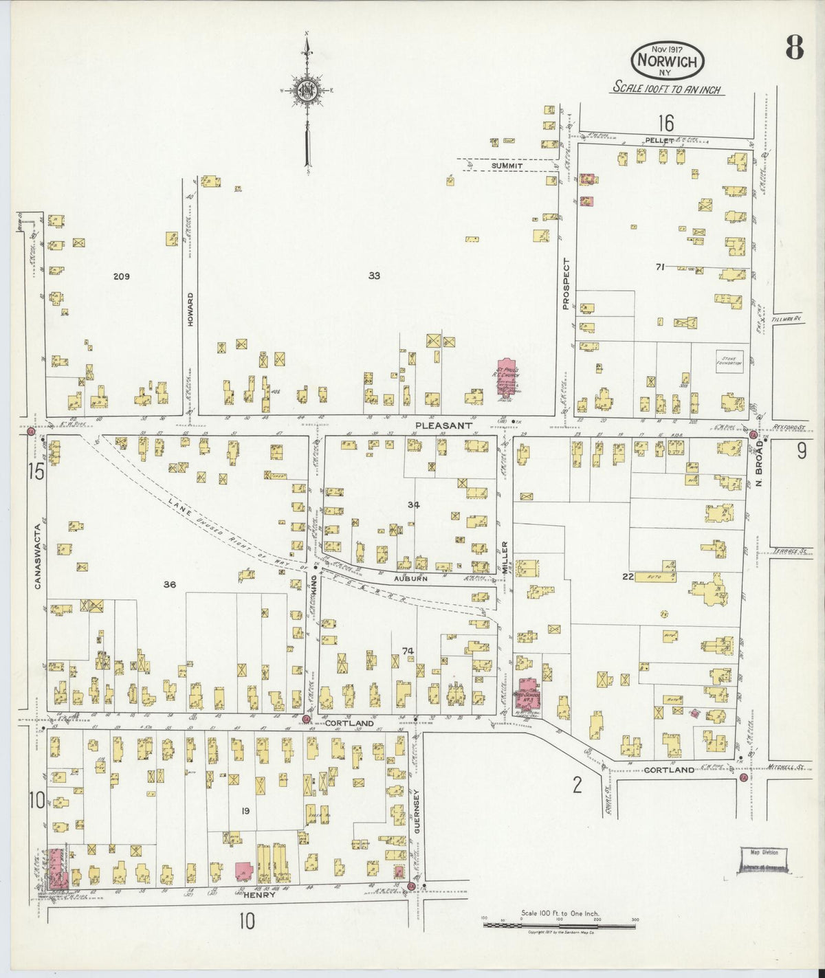Sanborn Fire Insurance Map from Norwich, Chenango County, New York (1917), Sheet #0008 - Historic Sanborn Fire Insurance Map Print, vintage old map wall art, antique decor, genealogy gift, New York New York map