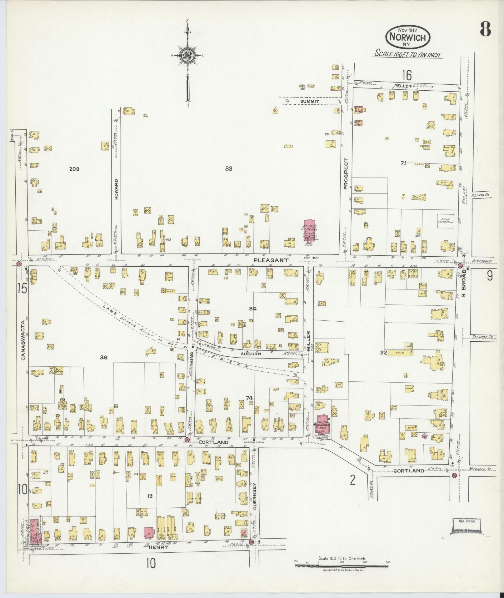 Sanborn Fire Insurance Map from Norwich, Chenango County, New York (1917), Sheet #0008 - Historic Sanborn Fire Insurance Map Print, vintage old map wall art, antique decor, genealogy gift, New York New York map