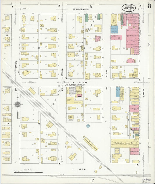 Sanborn Fire Insurance Map from Linton, Greene County, Indiana (1910), Sheet #0008 - Historic Sanborn Fire Insurance Map Print, vintage old map wall art, antique decor, genealogy gift, Indiana Indiana map