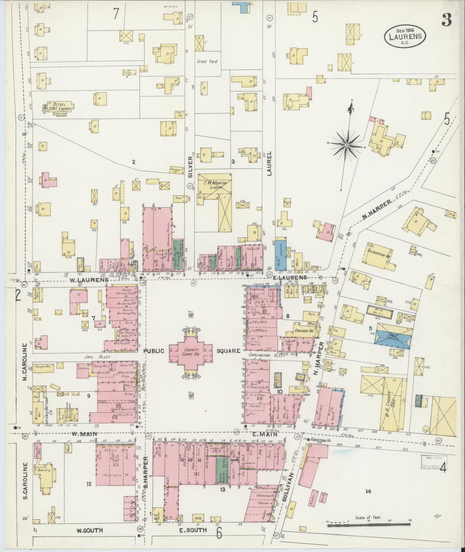 Sanborn Fire Insurance Map from Laurens, Laurens County, South Carolina (1906), Sheet #0003 - Historic Sanborn Fire Insurance Map Print, vintage old map wall art, antique decor, genealogy gift, South Carolina South Carolina map