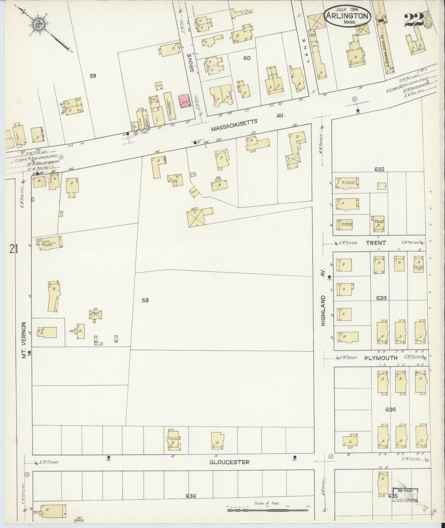 Sanborn Fire Insurance Map from Arlington, Middlesex County, Massachusetts (1914), Sheet #0022 - Historic Sanborn Fire Insurance Map Print, vintage old map wall art, antique decor, genealogy gift, Massachusetts Massachusetts map
