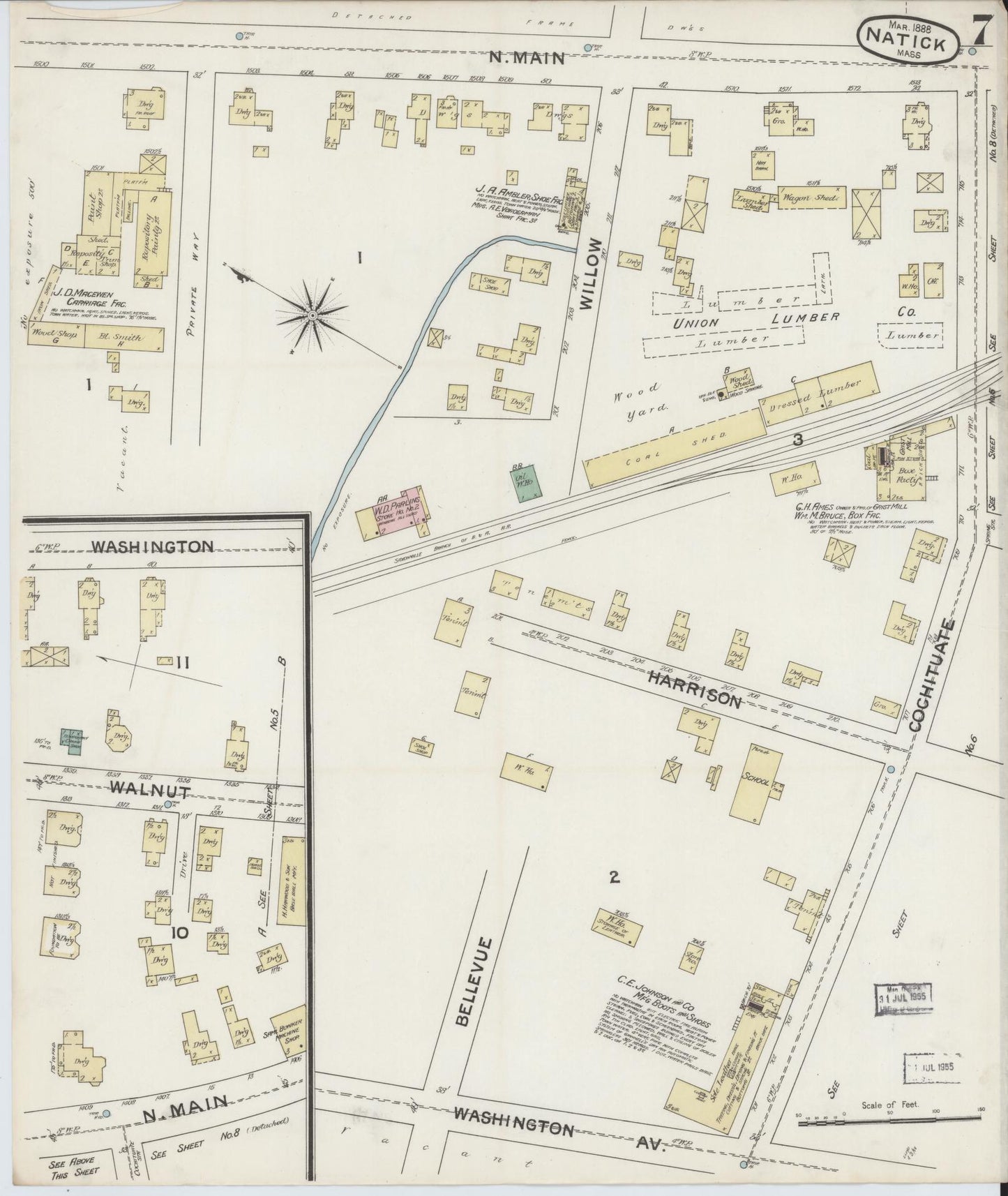Sanborn Fire Insurance Map from Natick, Middlesex County, Massachusetts (1888), Sheet #0007 - Complete Map Set gallery image, historic Sanborn map, vintage wall art, Massachusetts Massachusetts