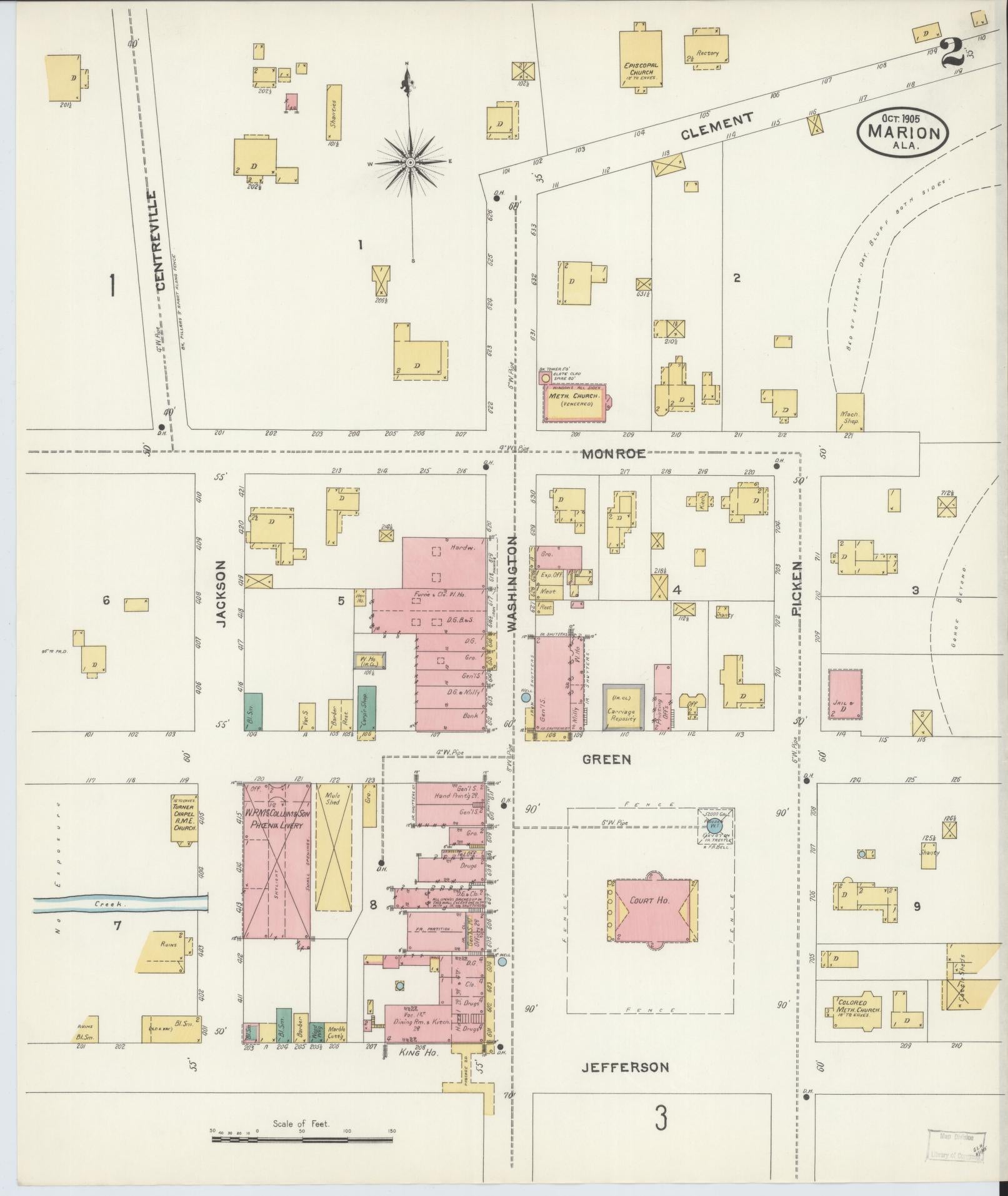 Sanborn Fire Insurance Map from Marion, Perry County, Alabama (1905), Sheet #0002 - Historic Sanborn Fire Insurance Map Print, vintage old map wall art, antique decor, genealogy gift, Alabama Alabama map