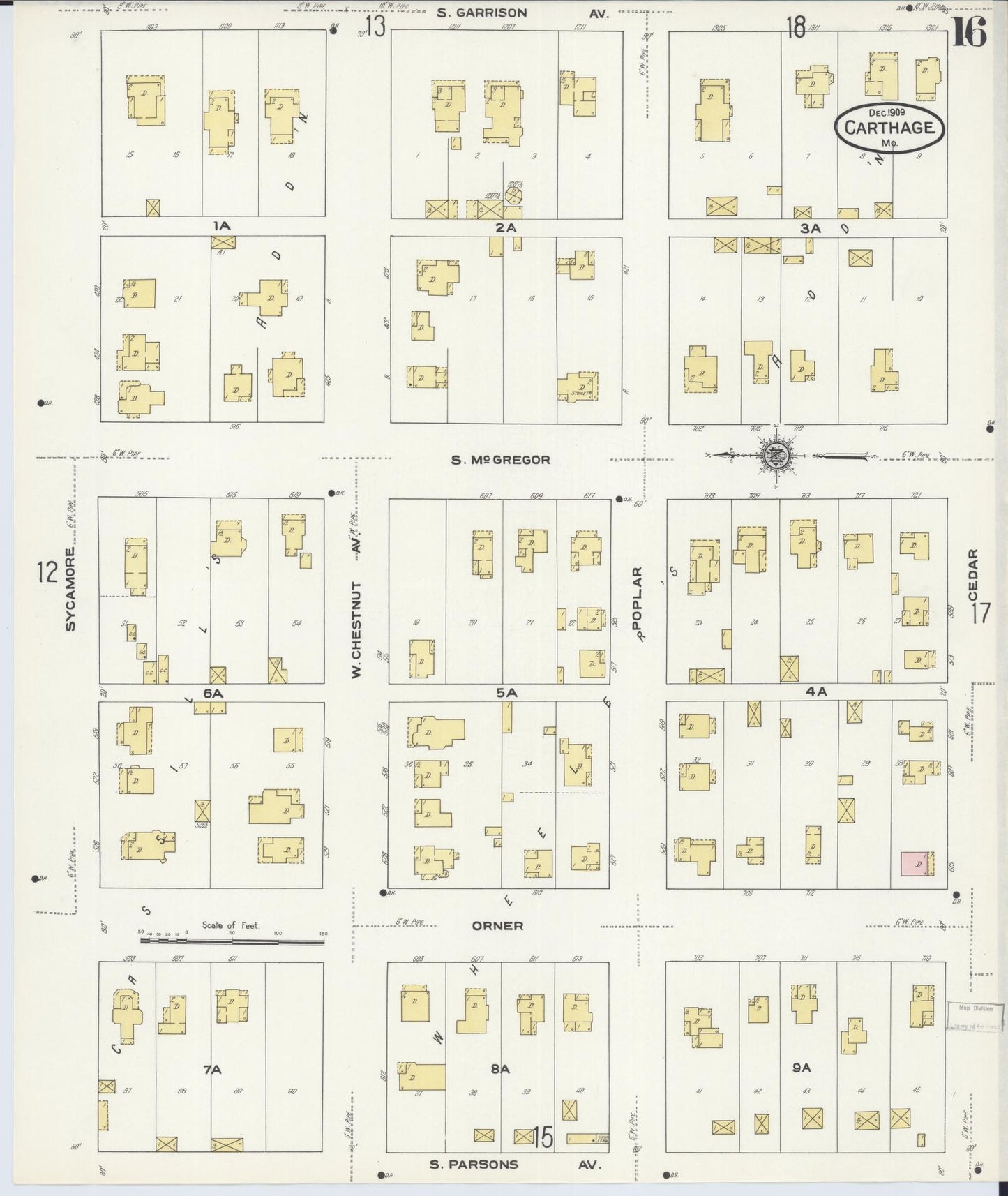 Sanborn Fire Insurance Map from Carthage, Jasper County, Missouri (1909), Sheet #0016 - Complete Map Set gallery image, historic Sanborn map, vintage wall art, Missouri Missouri