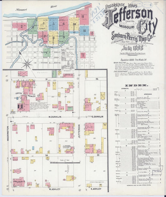 Sanborn Fire Insurance Map from Jefferson City, Cole County, Missouri (1898), Sheet #0001 - Historic Sanborn Fire Insurance Map Print, vintage old map wall art, antique decor, genealogy gift, Missouri Missouri map