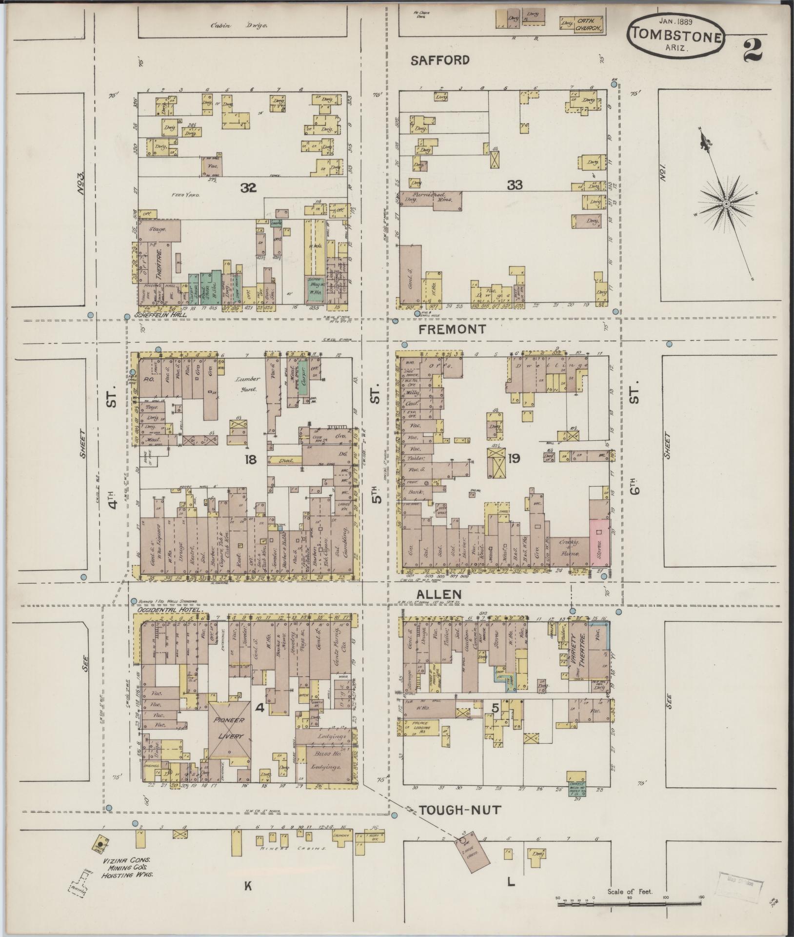 Sanborn Fire Insurance Map from Tombstone, Cochise County, Arizona (1889), Sheet #0002 - Complete Map Set gallery image, historic Sanborn map, vintage wall art, Arizona Arizona