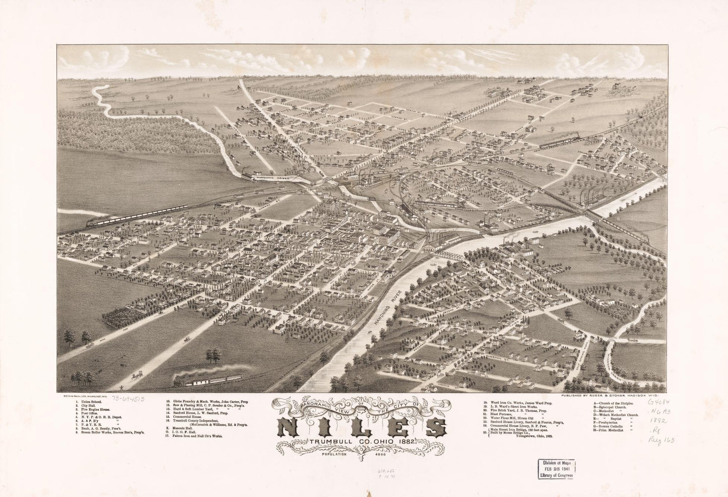 Panoramic view of the city of Niles, Trumbull Co., Ohio 1882. (1882) – Historic Bird’s-Eye View Panorama Print