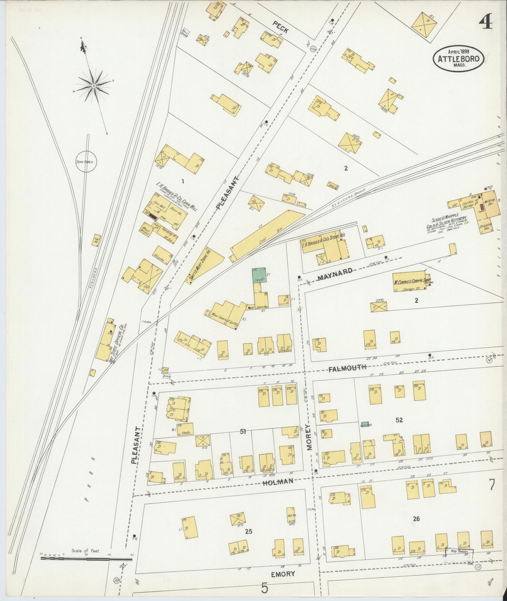 Sanborn Fire Insurance Map from Attleboro, Bristol County, Massachusetts (1899), Sheet #0004 - Historic Sanborn Fire Insurance Map Print, vintage old map wall art, antique decor, genealogy gift, Massachusetts Massachusetts map