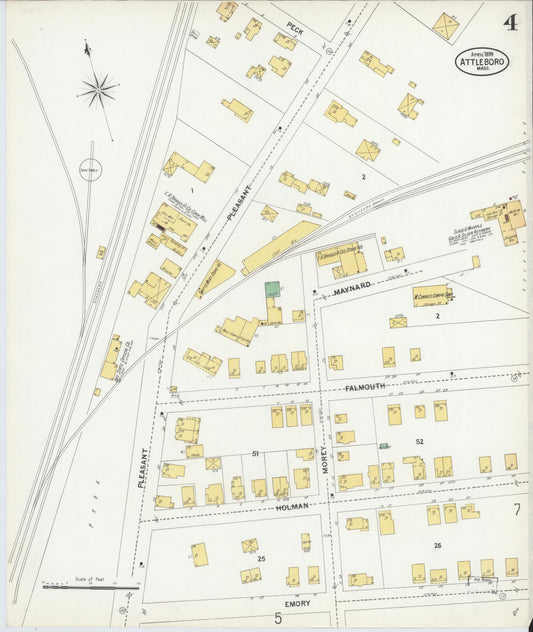 Sanborn Fire Insurance Map from Attleboro, Bristol County, Massachusetts (1899), Sheet #0004 - Historic Sanborn Fire Insurance Map Print, vintage old map wall art, antique decor, genealogy gift, Massachusetts Massachusetts map