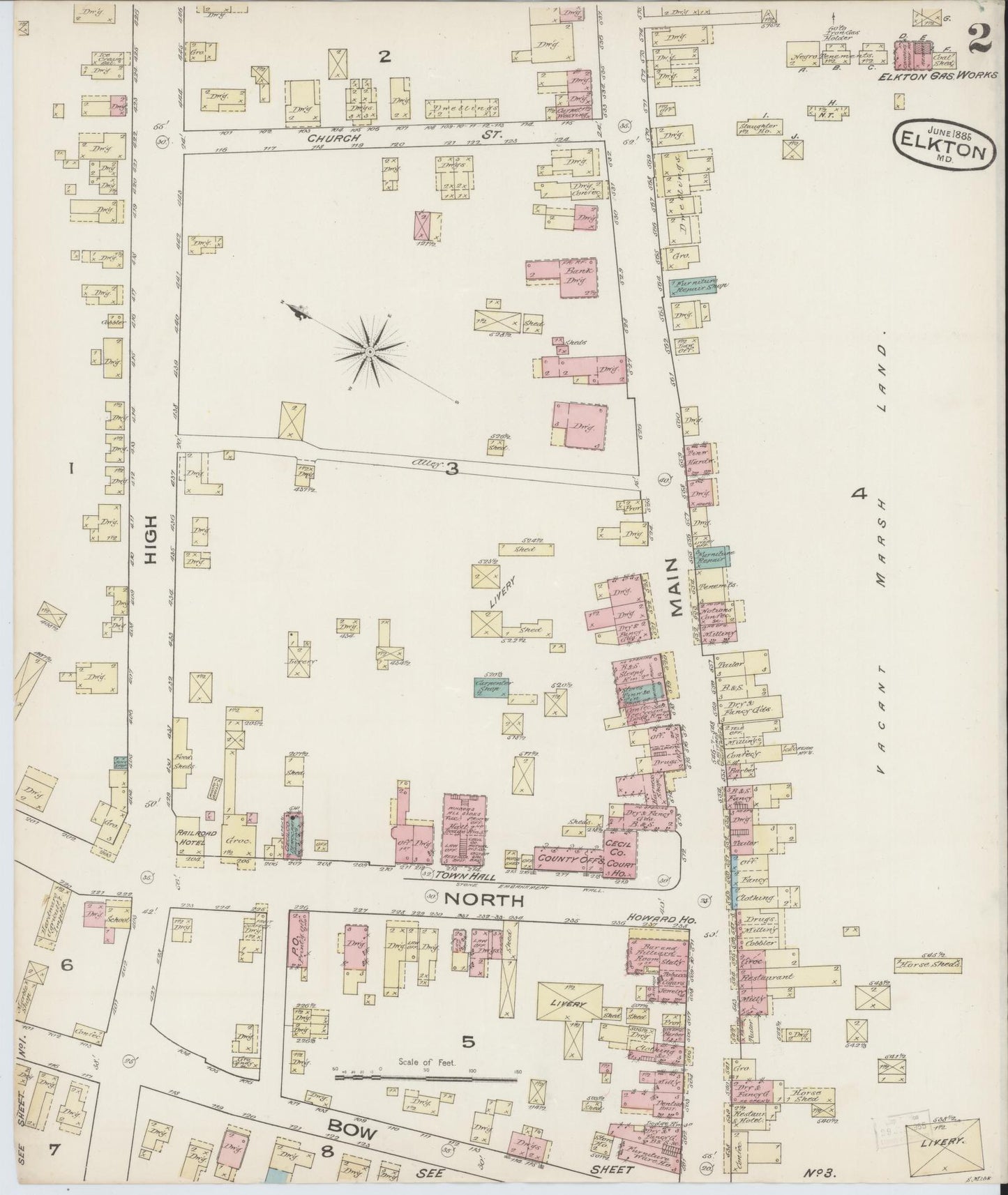 Sanborn Fire Insurance Map from Elkton, Cecil County, Maryland (1885), Sheet #0002 - Complete Map Set gallery image, historic Sanborn map, vintage wall art, Maryland Maryland